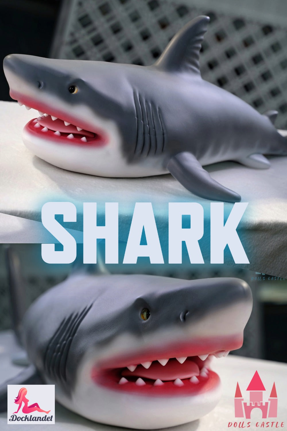 Poupée requin réaliste en silicone de couleur grise et blanche, espace ouvert avec dents blanches et bouche rose, gros plan montrant les détails et la texture.