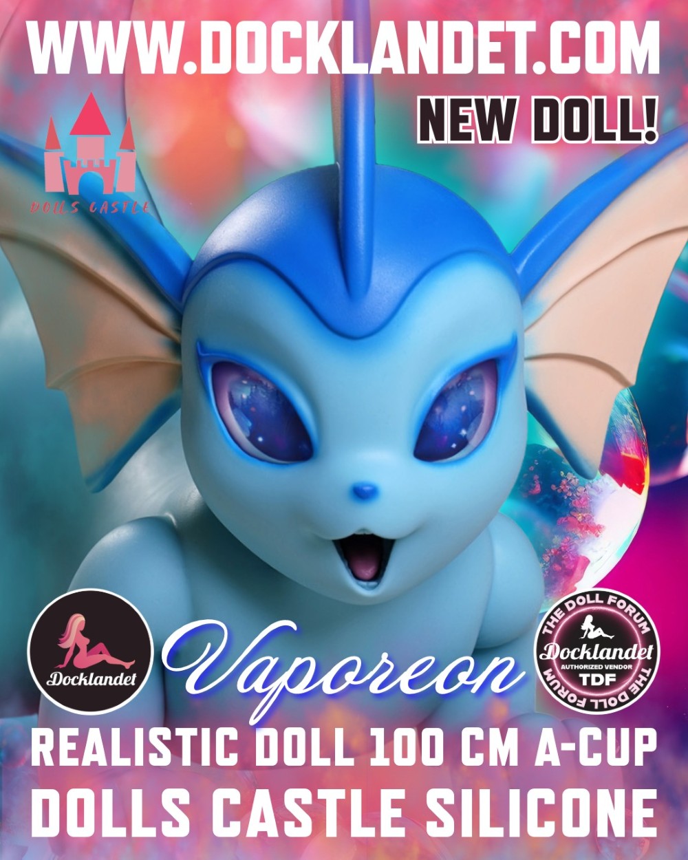 Vaporeon, en ikonisk och populär karaktär från spel-världen, har nu tagit fysisk form som sexdocka. Denna Vaporeon-docka är tillverkad i förstklassig silikon – en kvinnlig miniatyrkropp på 100 cm, skapad för att förena fantasi och verklighet. Hennes hud skimrar i en ljusblå ton, noggrant vald för att efterlikna Vaporeons karaktäristiska färgskala. Ett flexibelt EVO-skelett löper genom hela hennes kropp, vilket gör dockan böjbar och poserbar – från hornens spetsar, genom öronen, nacken och ända ned till den 
